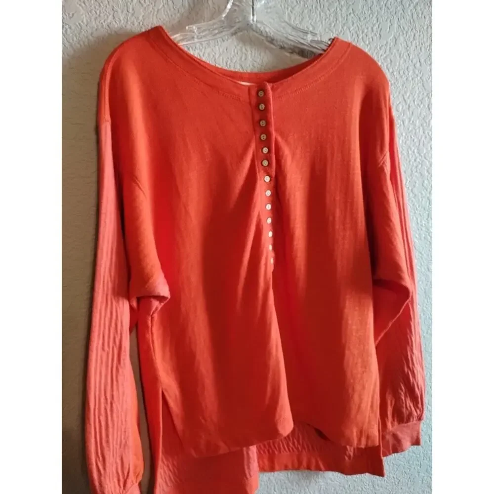 We The Free Back At It Oversize Linen Blend Henley Thick Pullover Orange Top XS